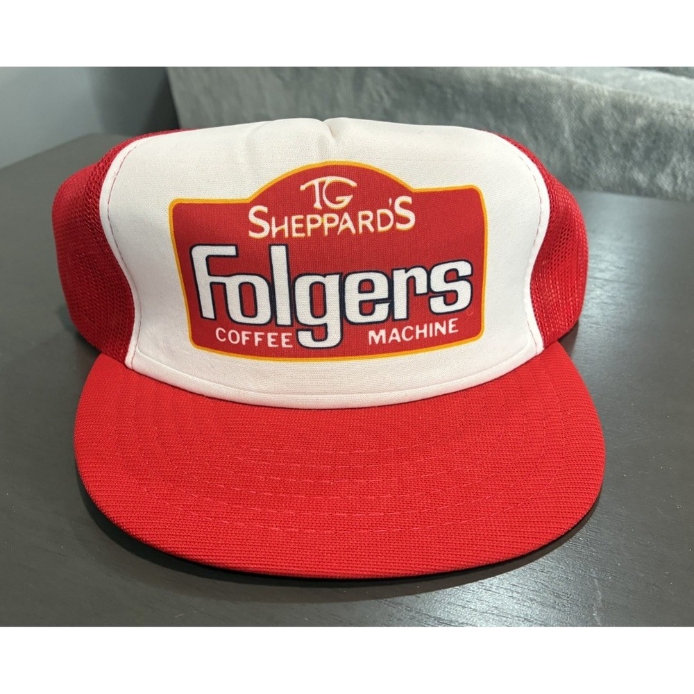 Vtg Folgers SnapBack Trucker Hat Cap TG Sheppard's Yupoong White Red